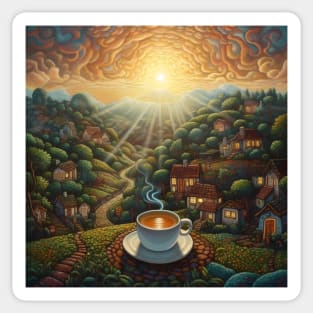 Cup of morning coffee overlooking the village. Sticker